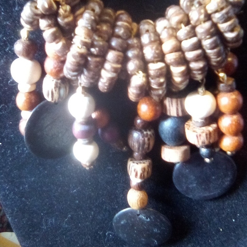 Boho Chic Beaded Necklace & Brooch Set, Wooden, Tribal, Earth Tones - Picture 4 of 6